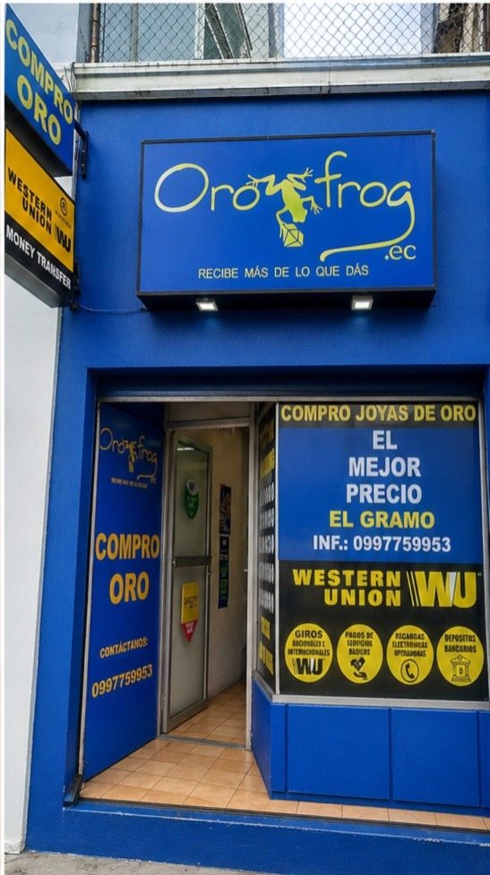 Fachada de Orofrog.ec en Quito mostrando los servicios de compra de oro y Western Union